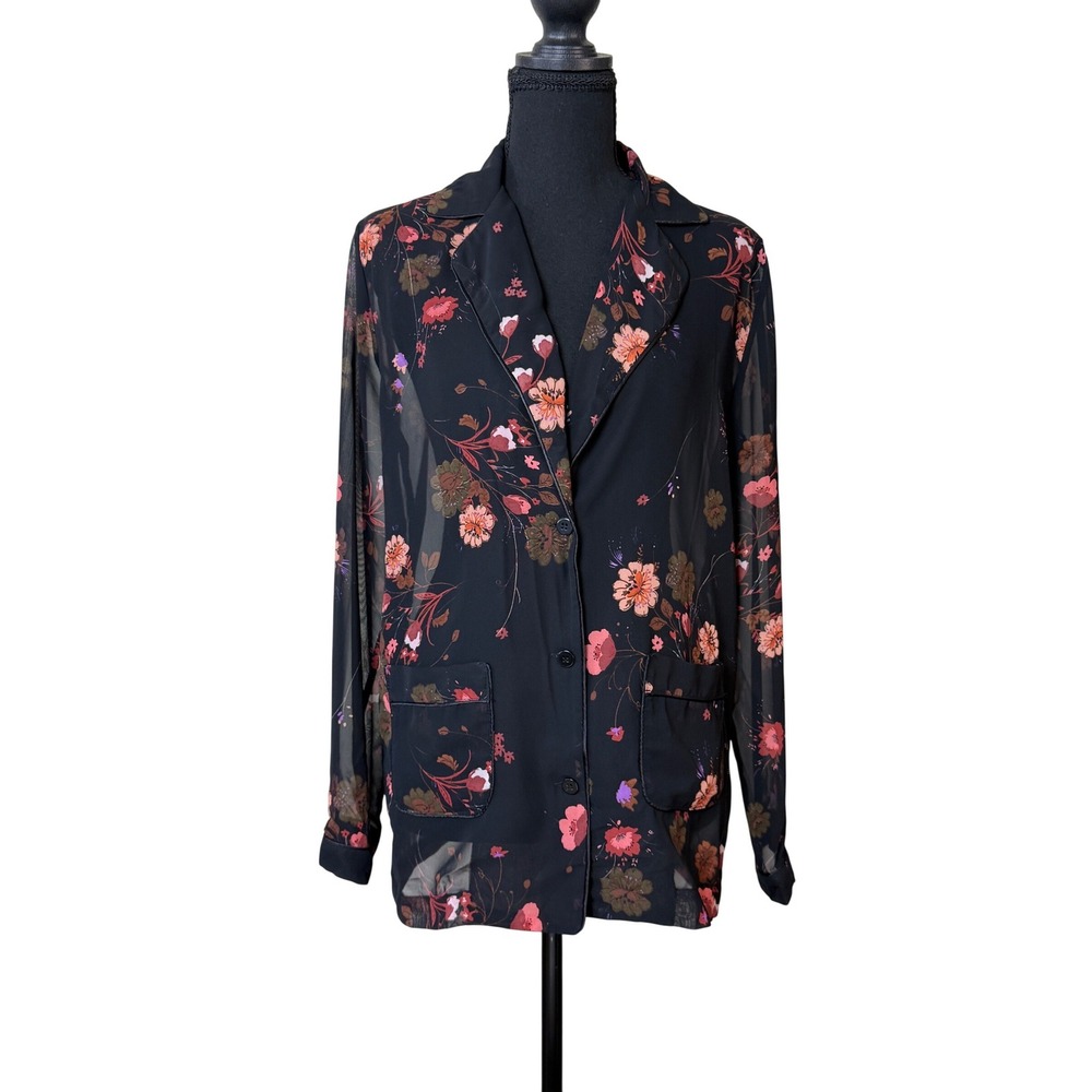 Zara Womans  Black Sheer Dark Floral Mesh Button Down Top Size XS Whimsigoth